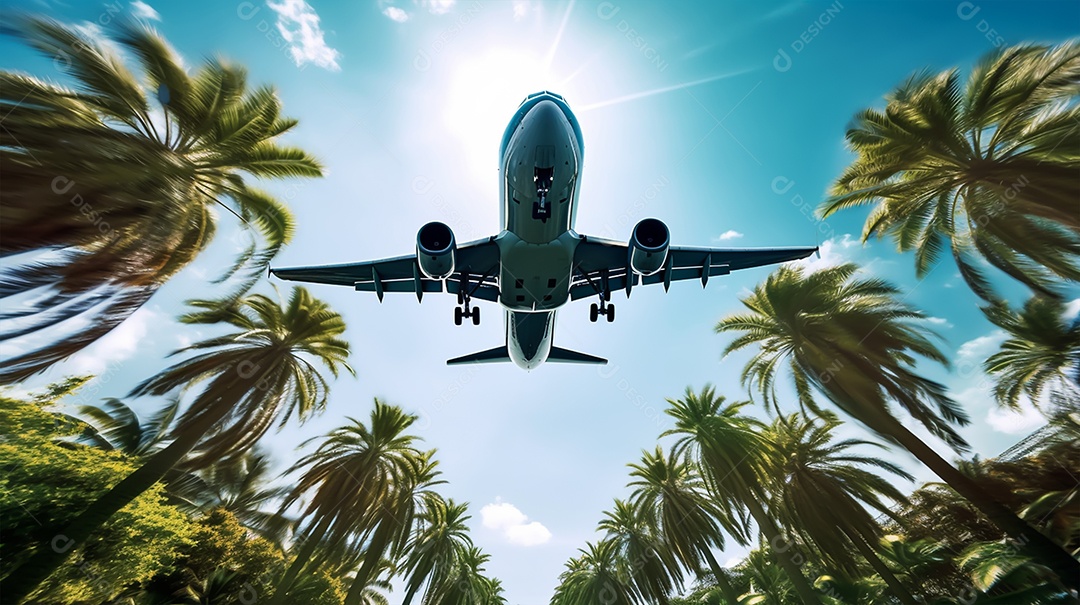 Avião voando no céu azul sobre palmeiras.