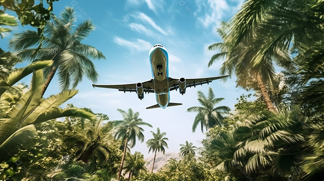 Avião voando no céu azul sobre palmeiras.