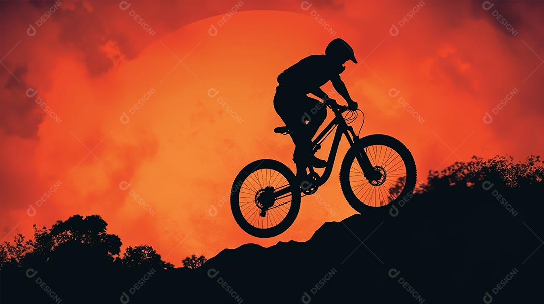 Silhueta de um ciclista de montanha em um fundo por do sol.