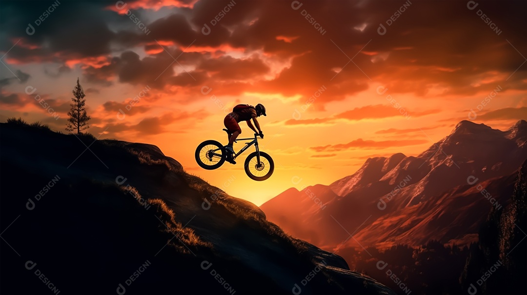 Silhueta de um ciclista de montanha em um fundo por do sol.