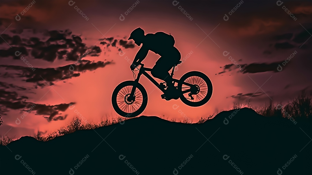 Silhueta de um ciclista de montanha em um fundo por do sol.