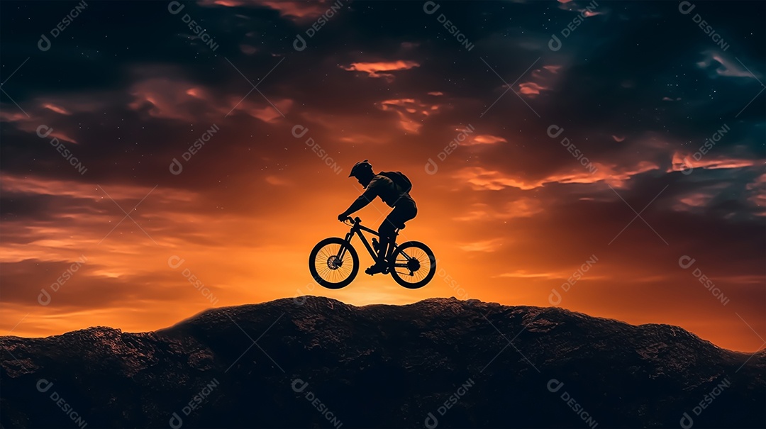 Silhueta de um ciclista de montanha em um fundo por do sol.