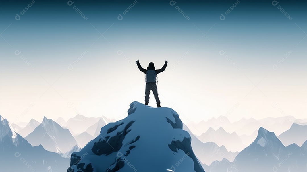 Alpinista com uma mochila no fundo das montanhas e do lago.