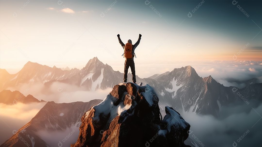 Alpinista com uma mochila no fundo das montanhas e do lago.