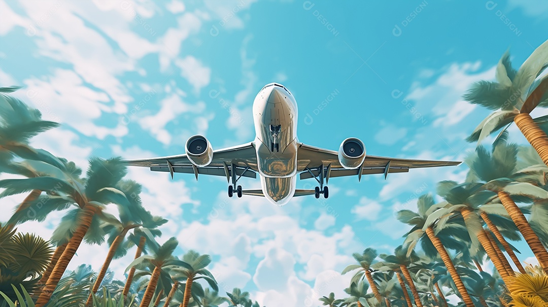 Avião voando no céu azul sobre palmeiras