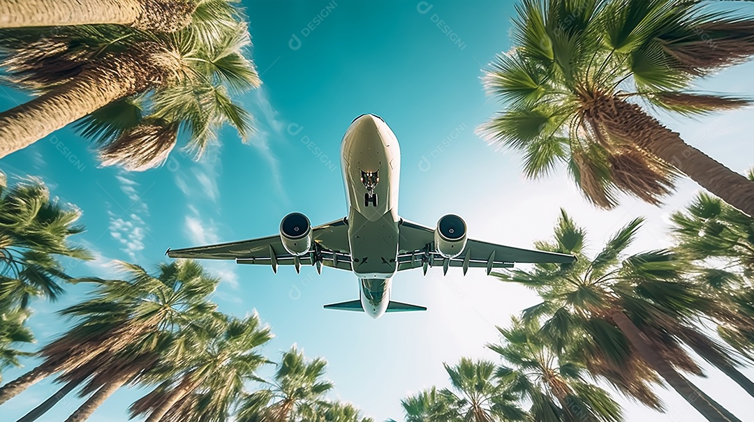 Avião voando no céu azul sobre palmeiras
