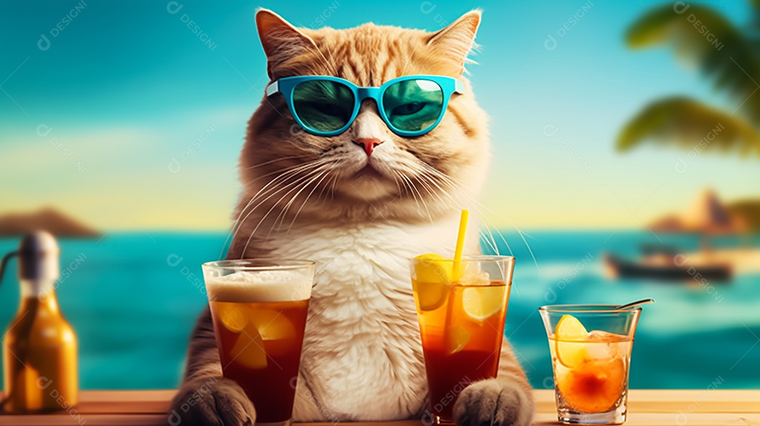 Gato de óculos escuros com coquetel na praia