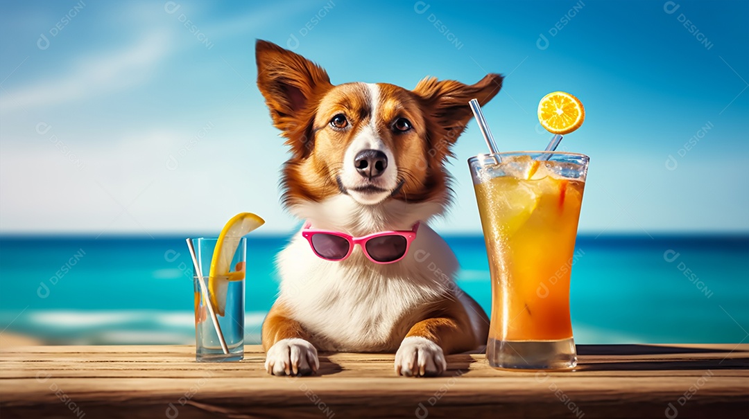 Cachorro de óculos escuros com coquetel na praia