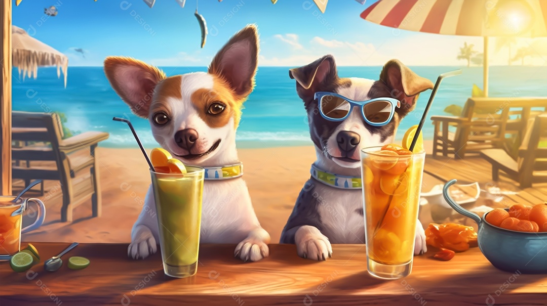 Cachorros de óculos escuros com coquetel na praia