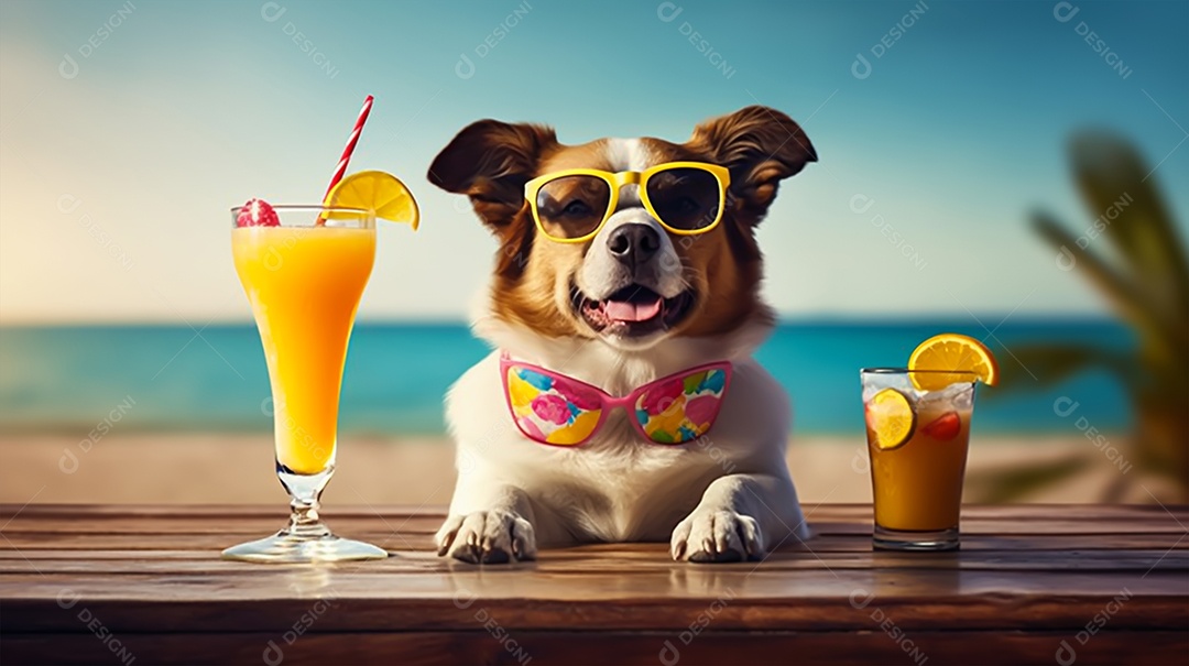 Cachorro de óculos escuros com coquetel na praia