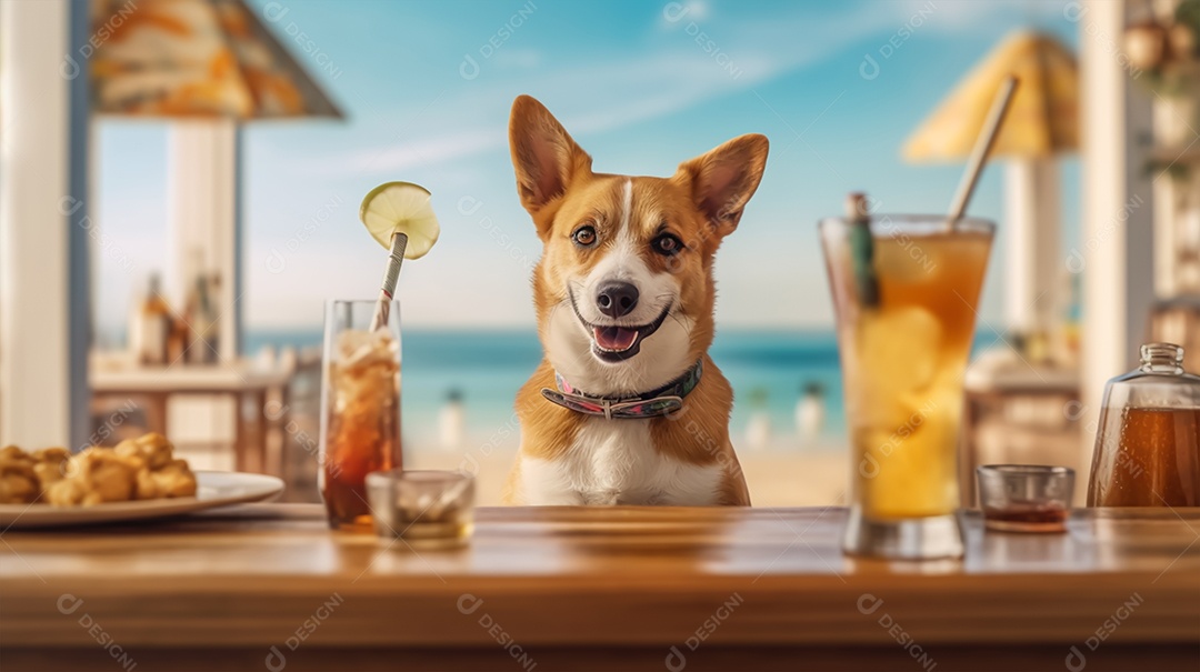 Cachorro de óculos escuros com coquetel na praia