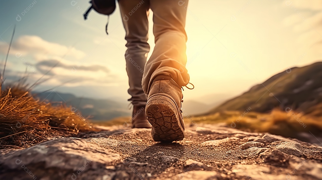 Homem caminhando com mochila caminhando nas montanhas