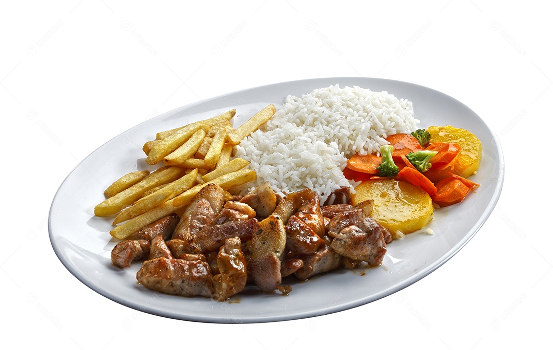 Carne de porco com arroz e batatas