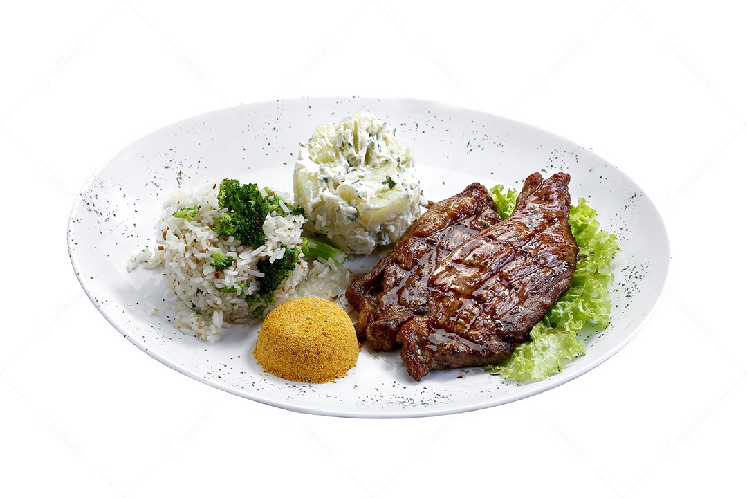 Arroz com bife grelhado e farofa