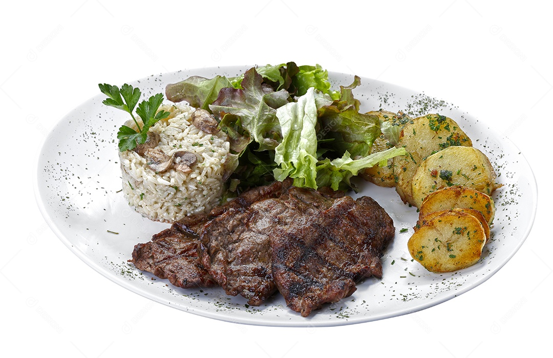 Bife grelhado com salada batatas gratinadas e arroz