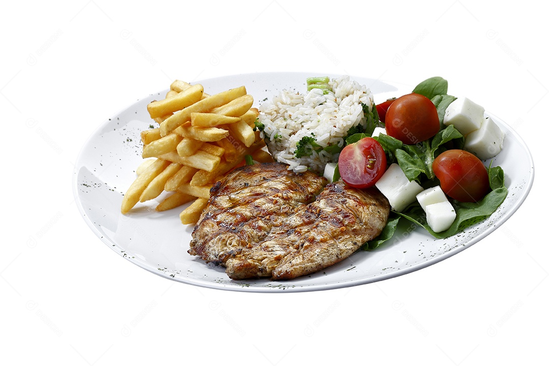 Deliciosa comida tradicional arroz salada e bife