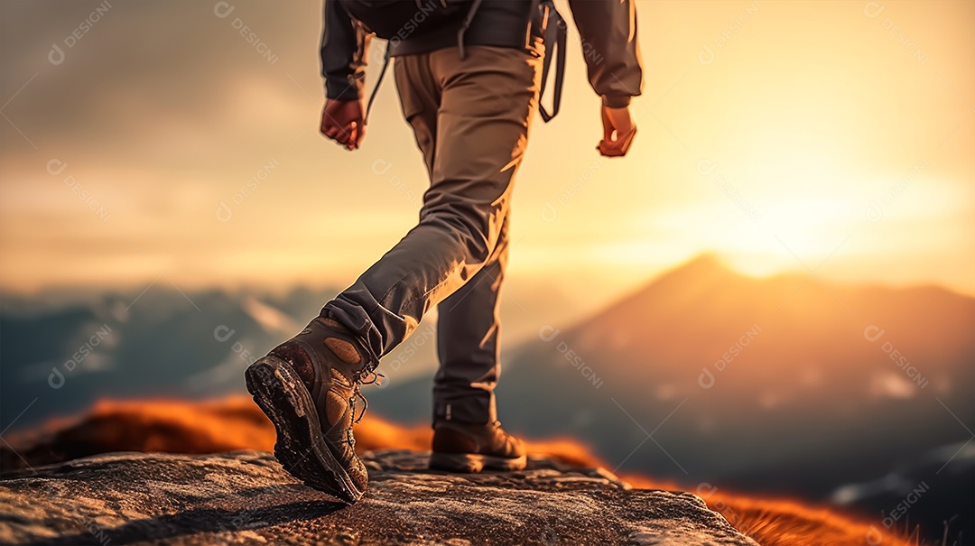 Homem caminhando com mochila caminhando nas montanhas