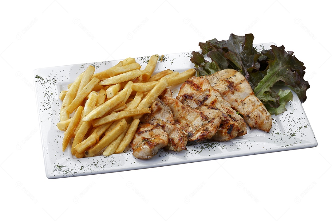 Batatas fritas com frango grelhado e alface