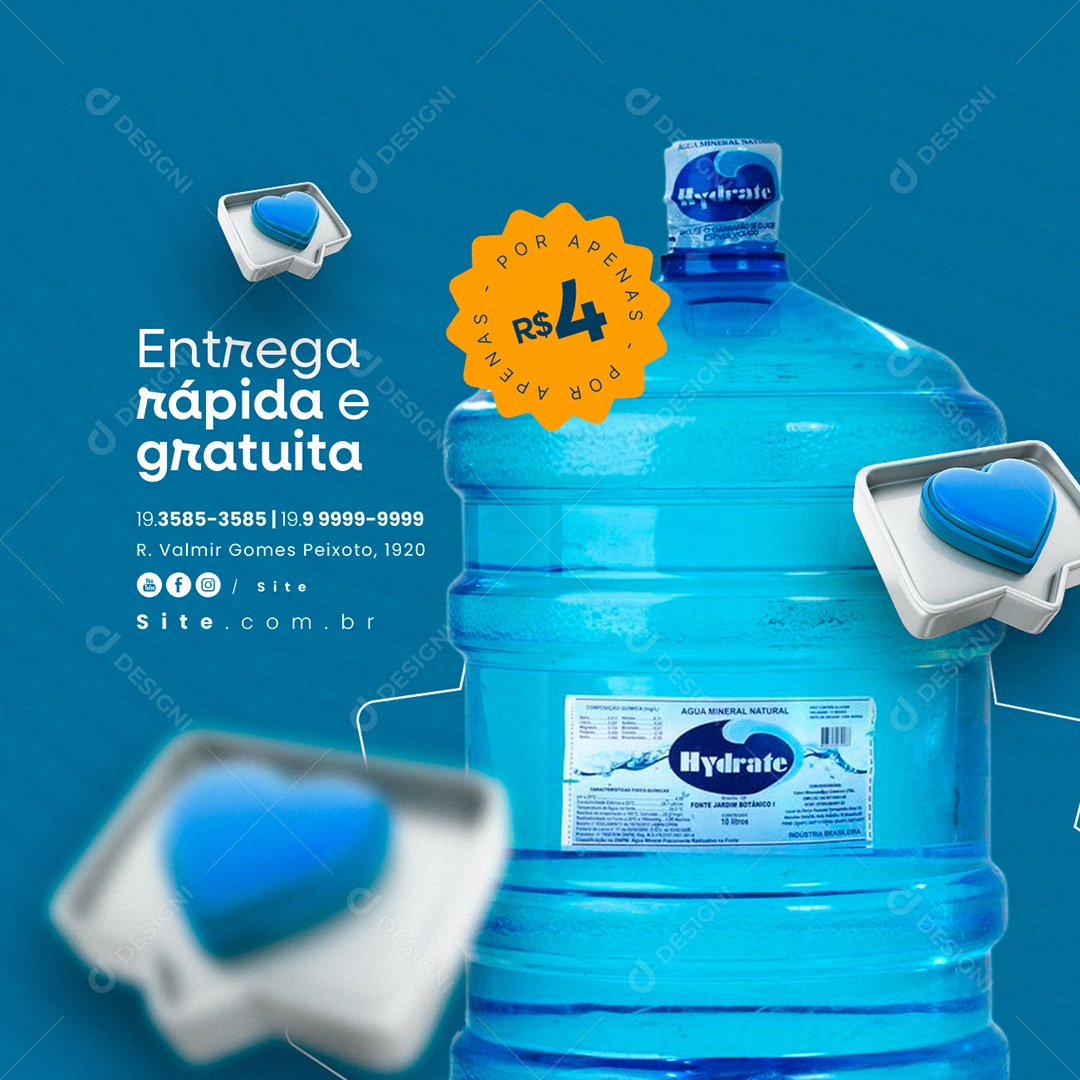 Água Mineral Entrega Rápida e Gratuita Social Media PSD Editável