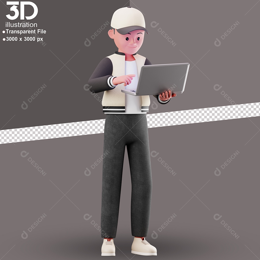 Personagem 3D Homem Com Notebook PSD