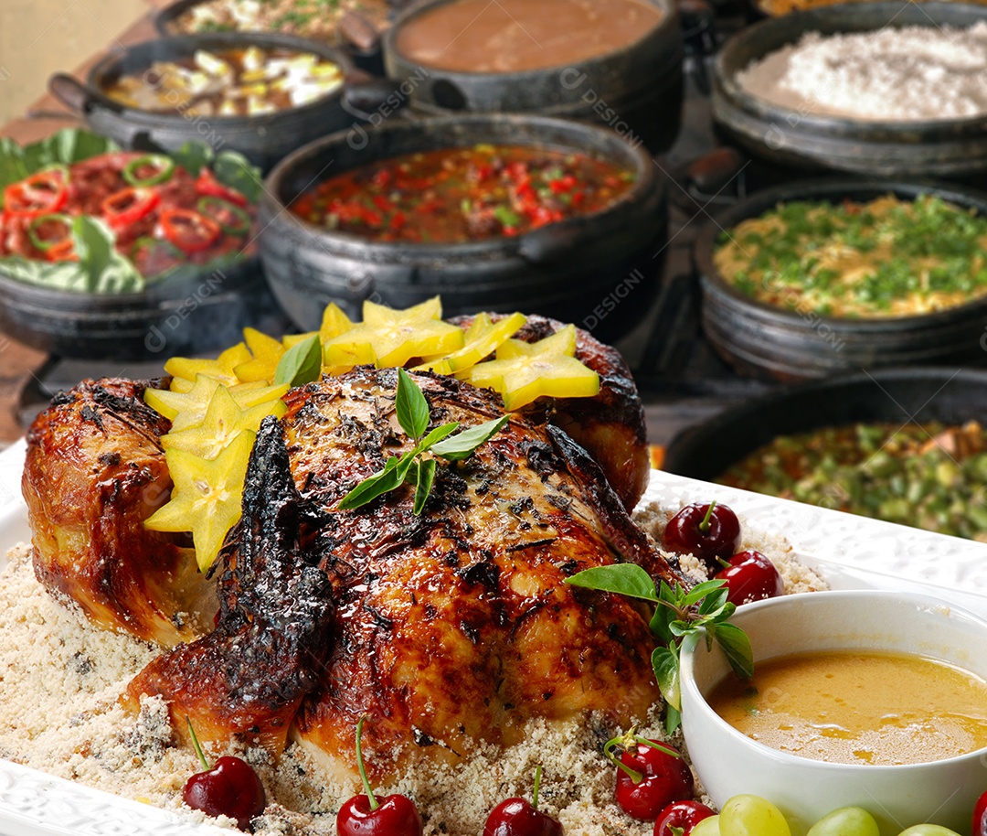 Frango assado com guarnições ao lado