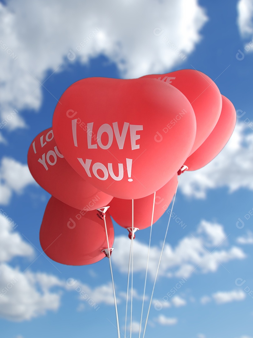 Balão escrito eu te amo com céu azul e nuvens brancas ao fundo