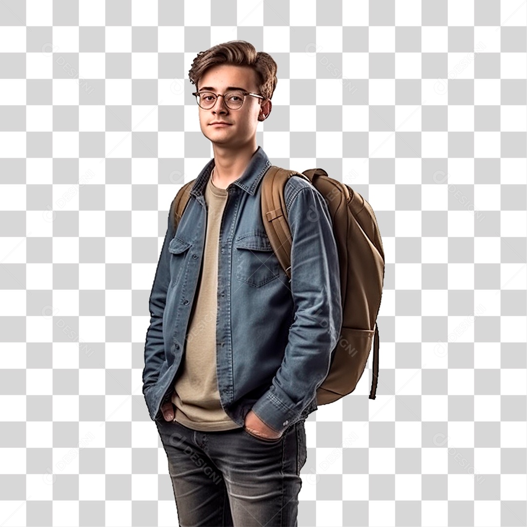 Jovem Estudante com Mochila nas Costas PNG Transparente