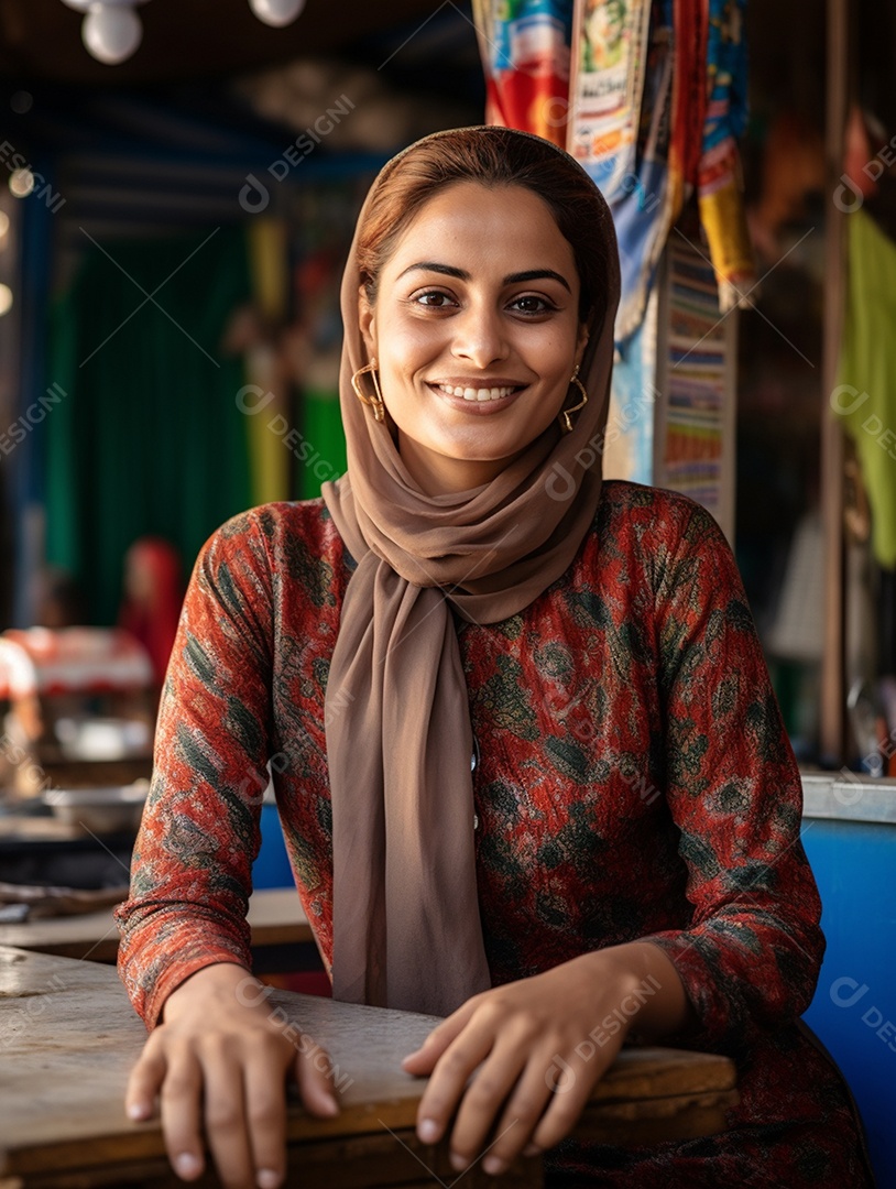 Uma feliz mulher de negócios paquistanesa sorri no rosto