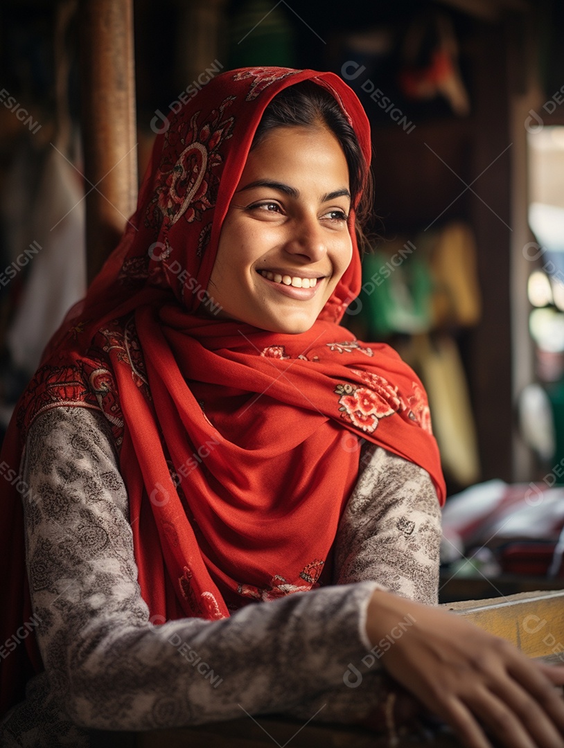 Uma feliz mulher de negócios paquistanesa sorri no rosto