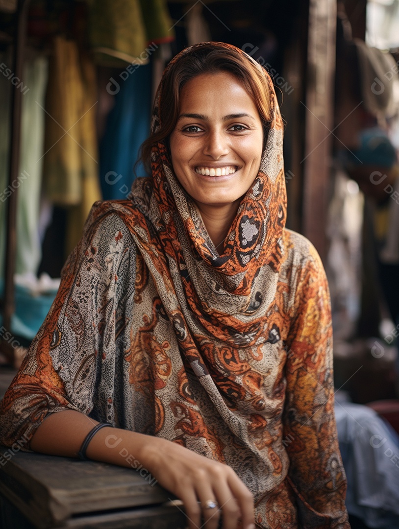 Uma feliz mulher de negócios paquistanesa sorri no rosto