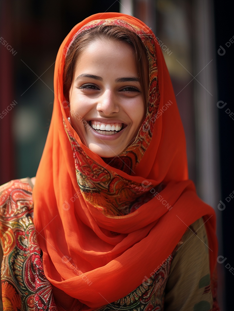 Uma feliz mulher de negócios paquistanesa sorri no rosto