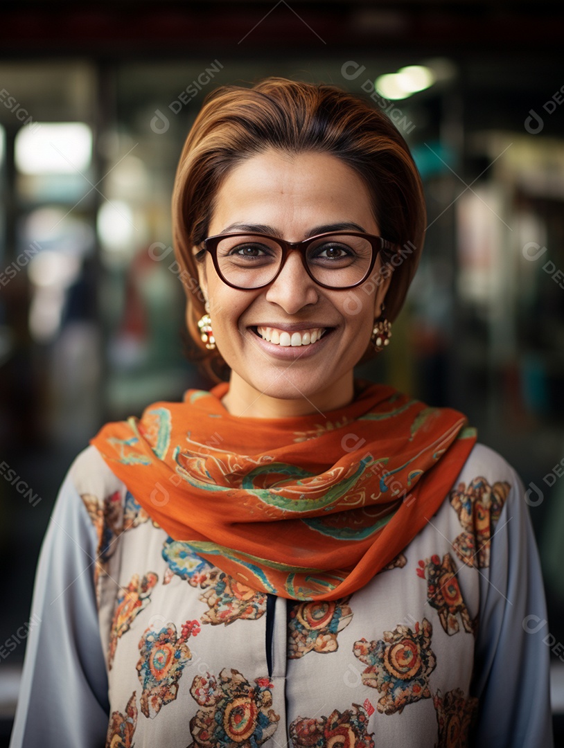 Uma feliz mulher de negócios paquistanesa sorri no rosto