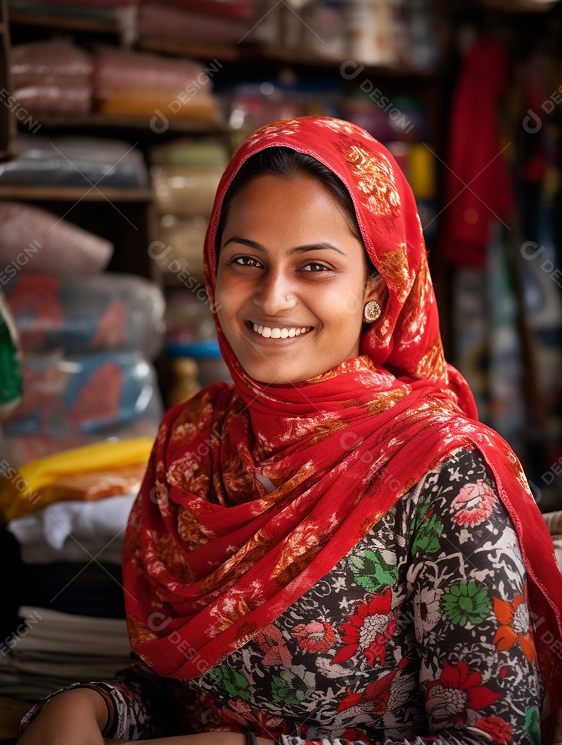 Uma feliz mulher de negócios paquistanesa sorri no rosto