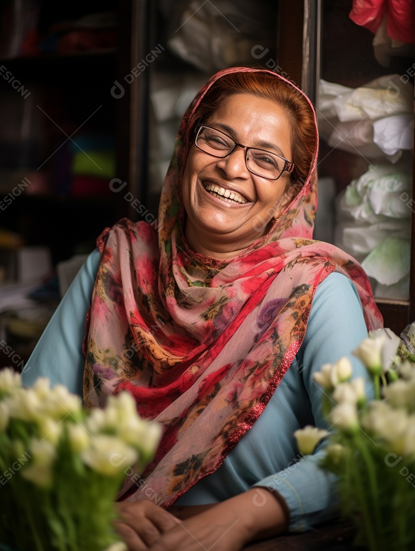 Uma feliz mulher de negócios paquistanesa sorri no rosto