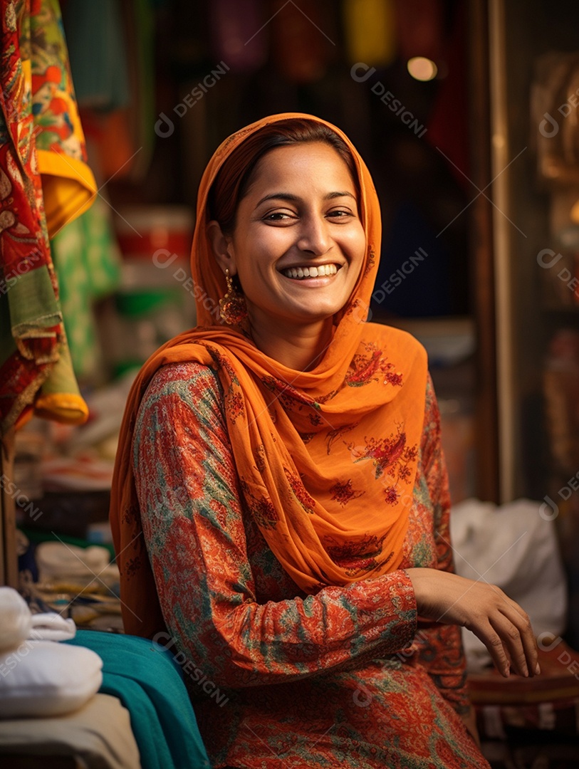 Uma feliz mulher de negócios paquistanesa sorri no rosto