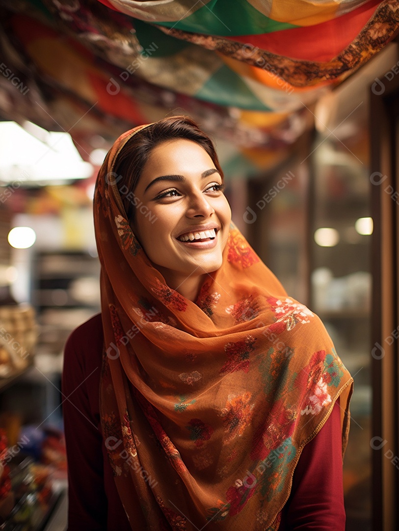 Uma feliz mulher de negócios paquistanesa sorri no rosto