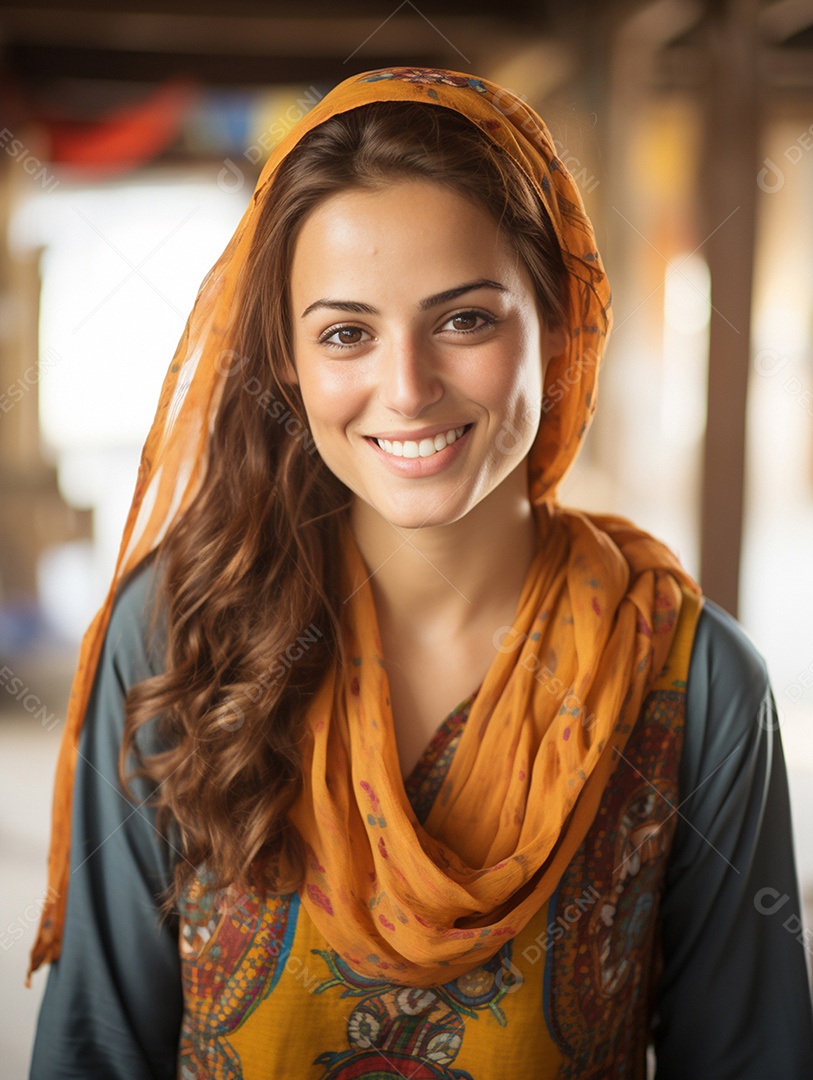 Uma feliz mulher de negócios paquistanesa sorri no rosto