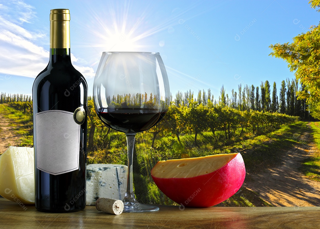 Queijo e vinho sobre uma mesa de madeira