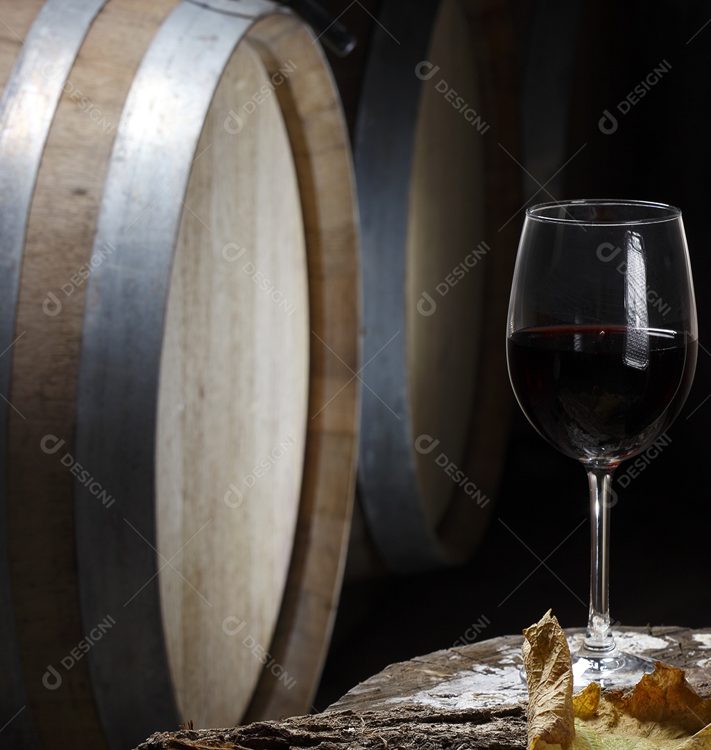 Vinhedo e barricas de madeira