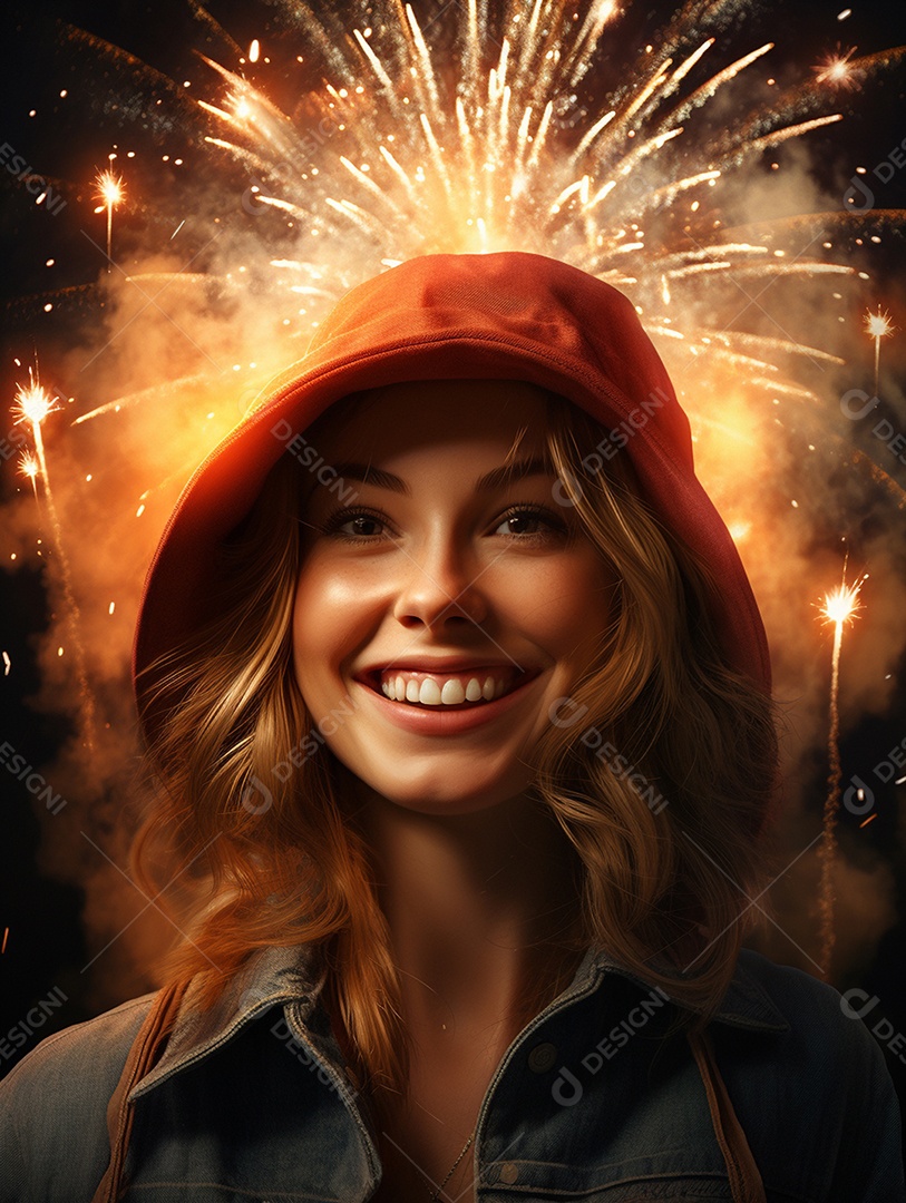 Linda mulher sorridente sobre fogos de artifícios