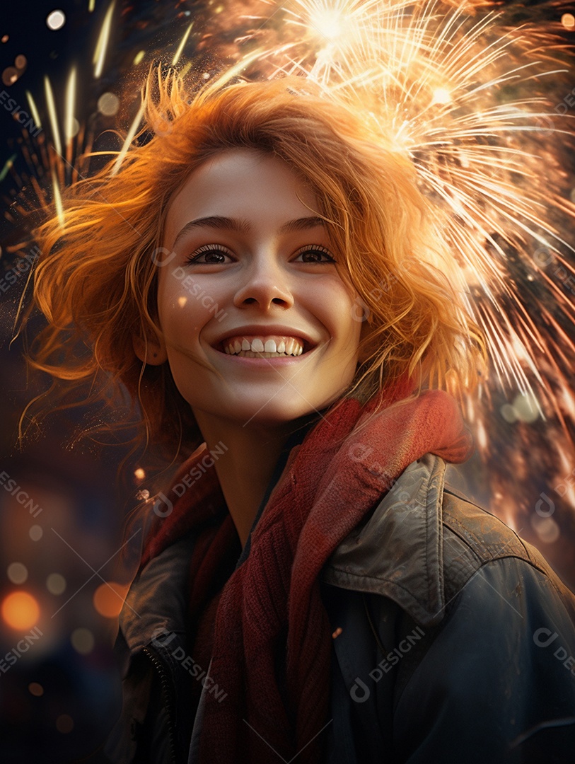 Linda mulher sorridente sobre fogos de artifícios