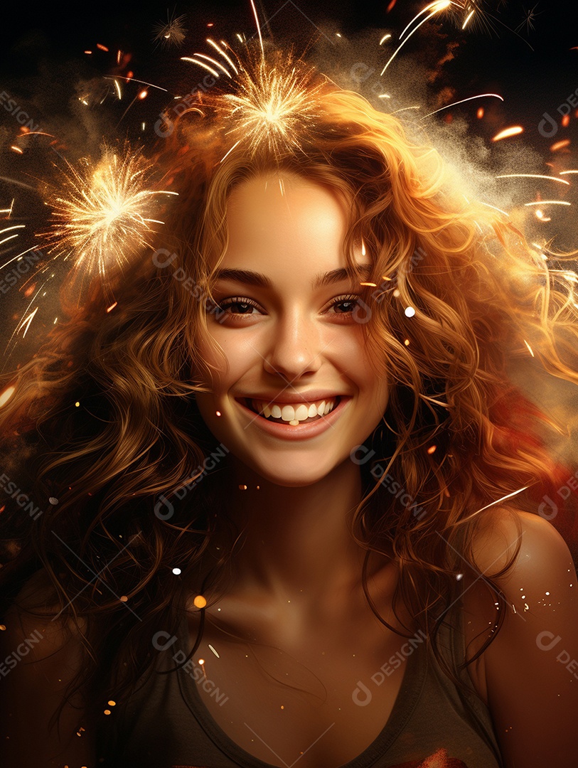 Linda mulher sorridente sobre fogos de artifícios