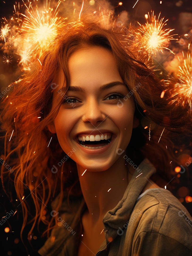 Linda mulher sorridente sobre fogos de artifícios