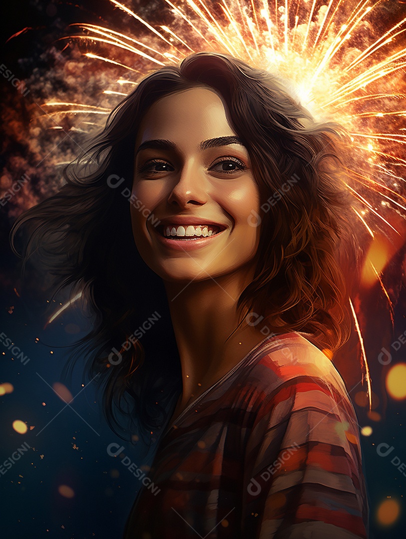 Linda mulher sorridente sobre fogos de artifícios