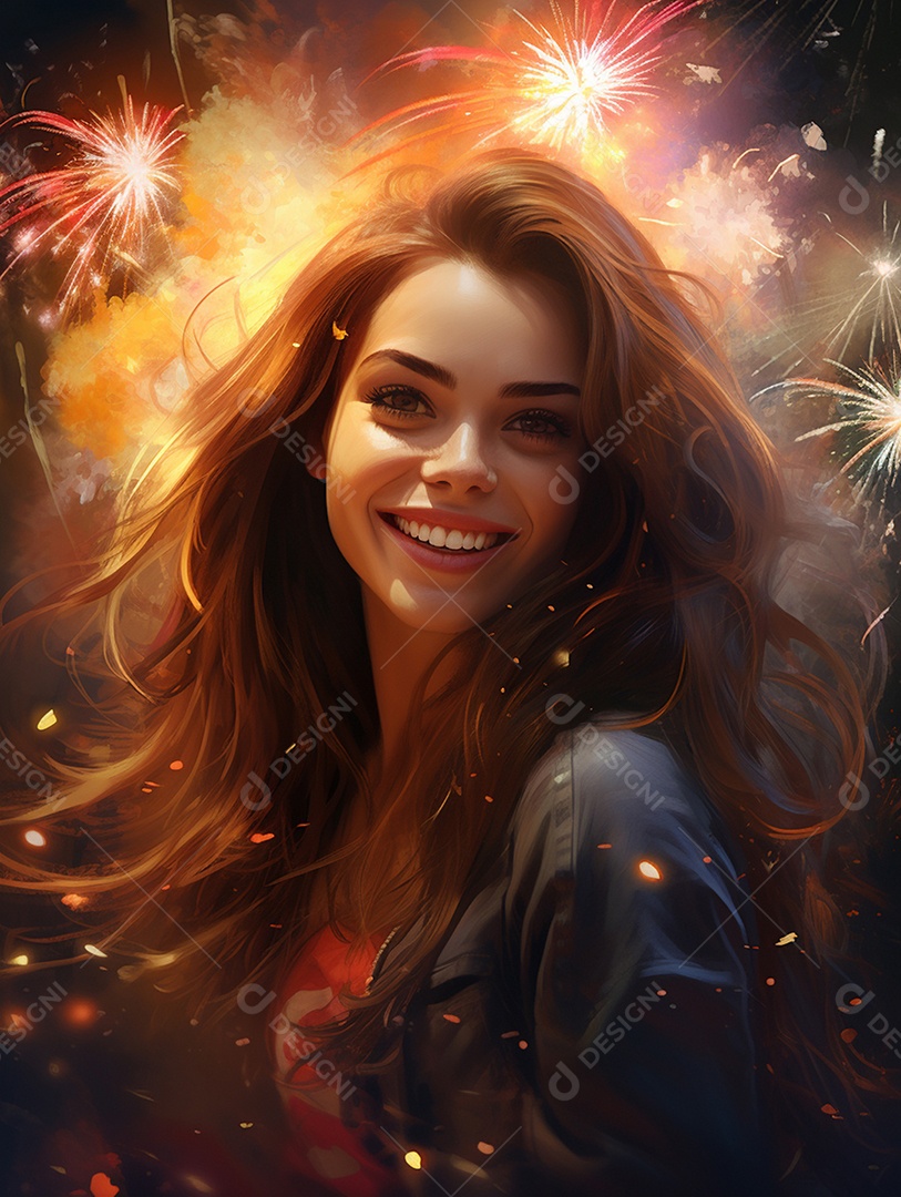 Linda mulher sorridente sobre fogos de artifícios