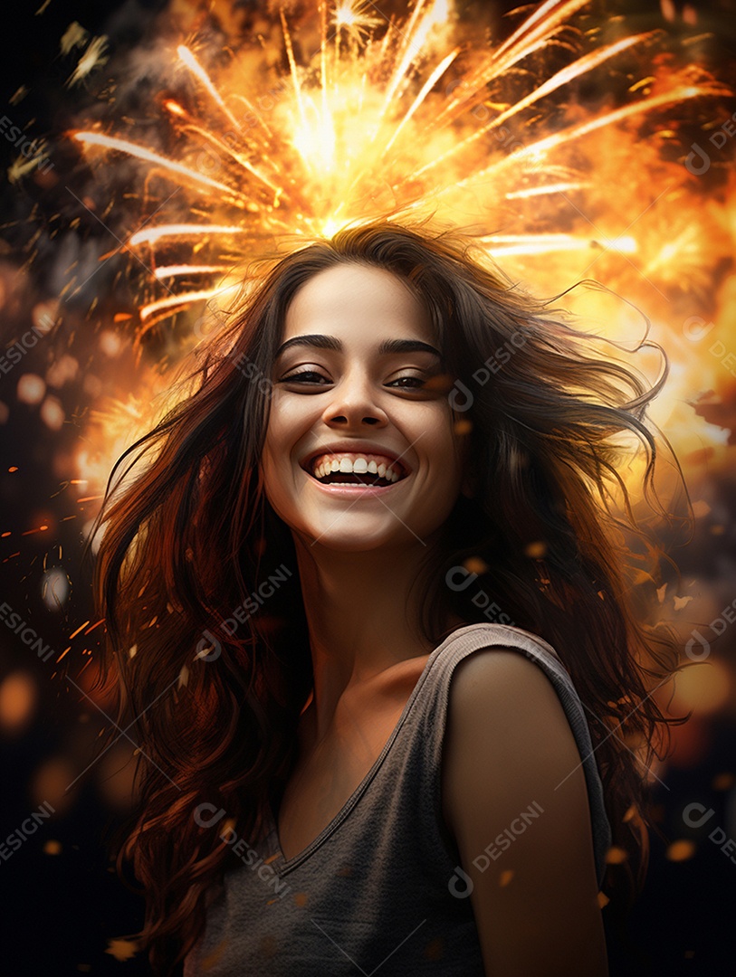 Linda mulher sorridente sobre fogos de artifícios