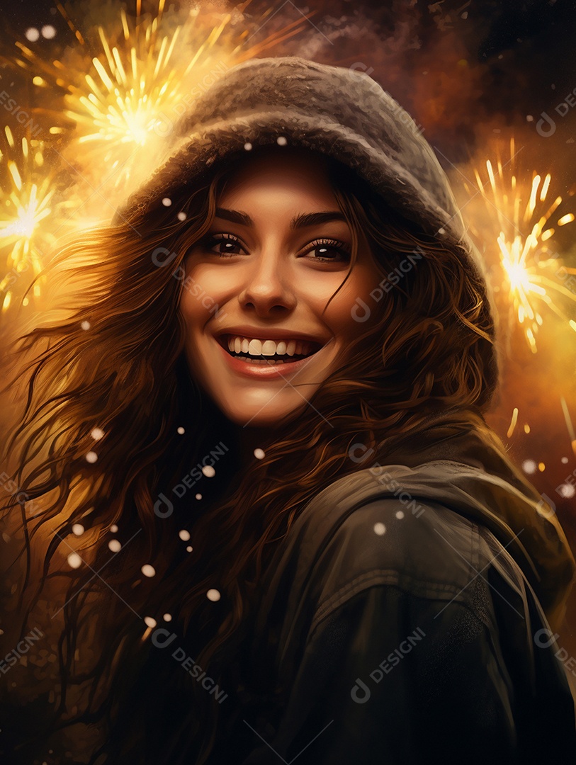 Linda mulher sorridente sobre fogos de artifícios