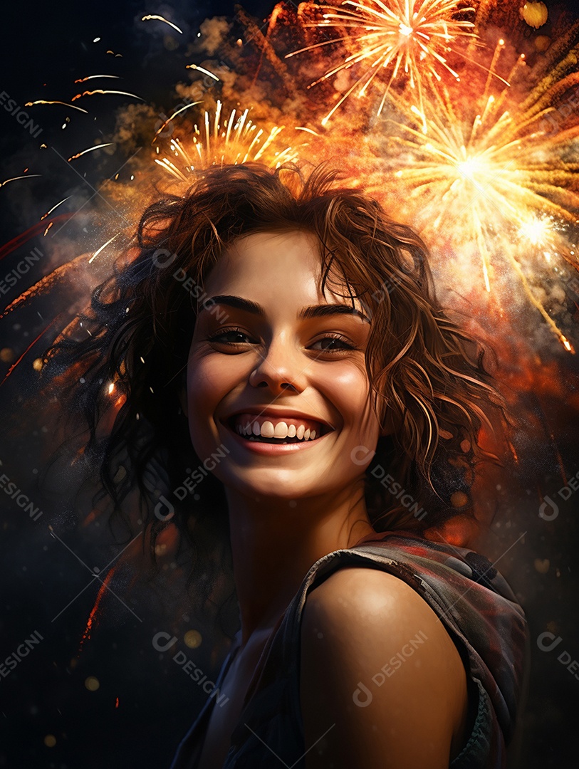 Linda mulher sorridente sobre fogos de artifícios