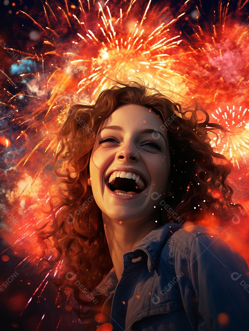 Linda mulher sorridente sobre fogos de artifícios