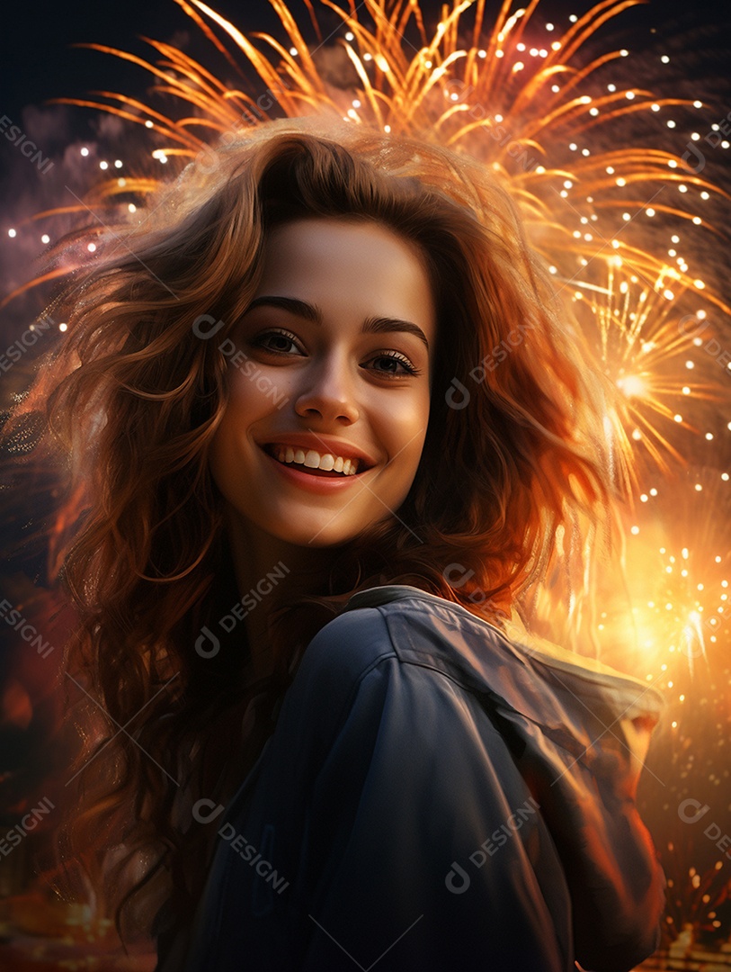 Linda mulher sorridente sobre fogos de artifícios